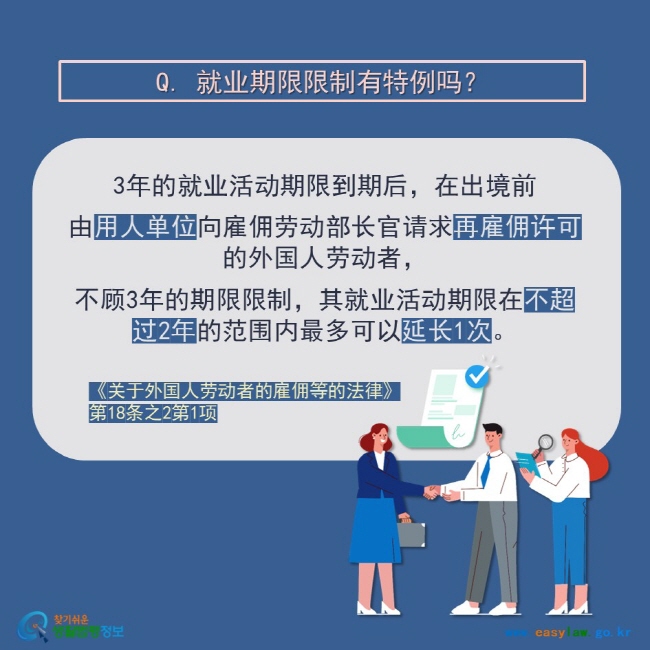 Q. 就业期限限制有特例吗？ 3年的就业活动期限到期后，在出境前 由用人单位向雇佣劳动部长官请求再雇佣许可的外国人劳动者， 不顾3年的期限限制，其就业活动期限在不超过2年的范围内最多可以延长1次。 《关于外国人劳动者的雇佣等的法律》 第18条之2第1项